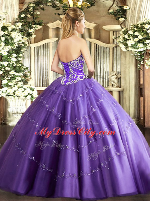 Luxury Floor Length Lavender Quince Ball Gowns Sweetheart Sleeveless Lace Up