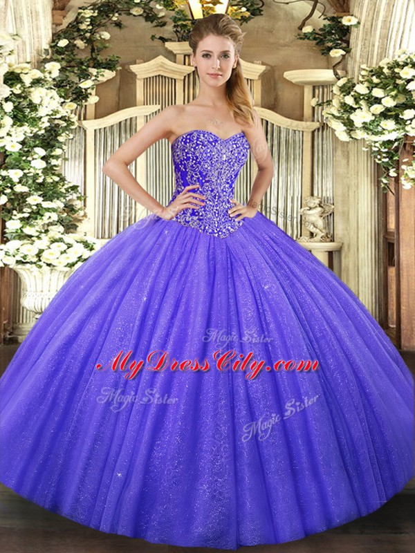 Glamorous Blue Tulle Lace Up Sweetheart Sleeveless Floor Length Quinceanera Gown Beading