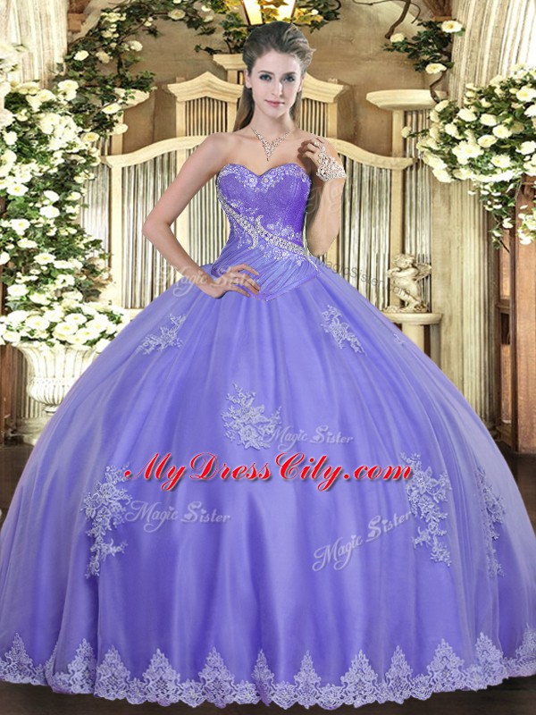 Hot Selling Lavender Sleeveless Beading and Appliques Floor Length Sweet 16 Quinceanera Dress