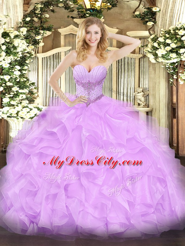 Custom Made Lavender Organza Lace Up Sweetheart Sleeveless Floor Length Sweet 16 Dress Beading and Ruffles