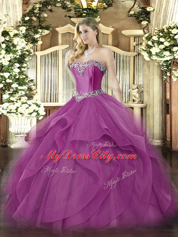 Latest Sweetheart Sleeveless Tulle Quinceanera Gown Beading and Ruffles Lace Up