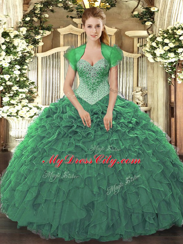 Floor Length Lace Up Quinceanera Dresses Green for Military Ball and Sweet 16 and Quinceanera with Beading and Ruffles