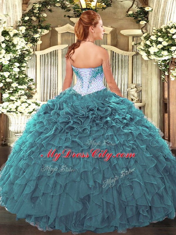 Floor Length Lace Up Quinceanera Dresses Green for Military Ball and Sweet 16 and Quinceanera with Beading and Ruffles