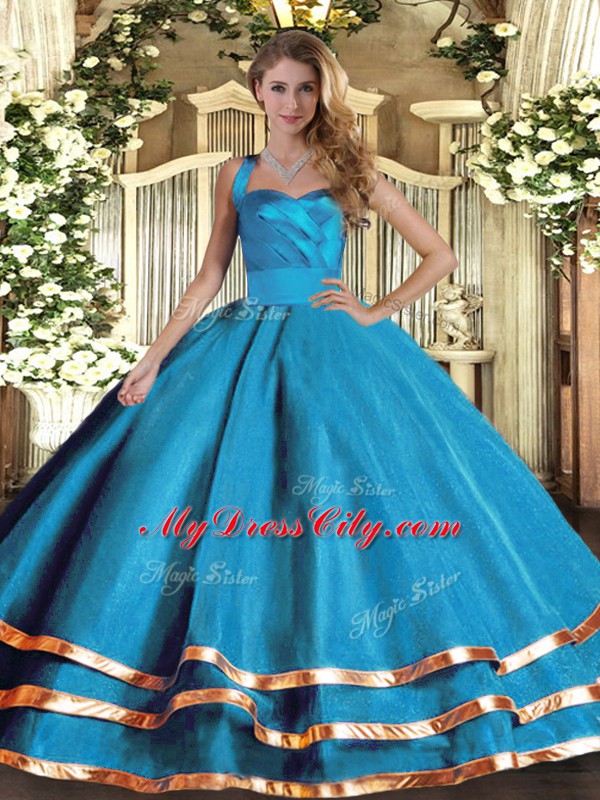 Halter Top Sleeveless Lace Up Quinceanera Gown Baby Blue Tulle