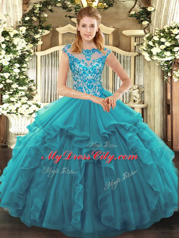 Teal Scoop Neckline Ruffles Vestidos de Quinceanera Cap Sleeves Lace Up