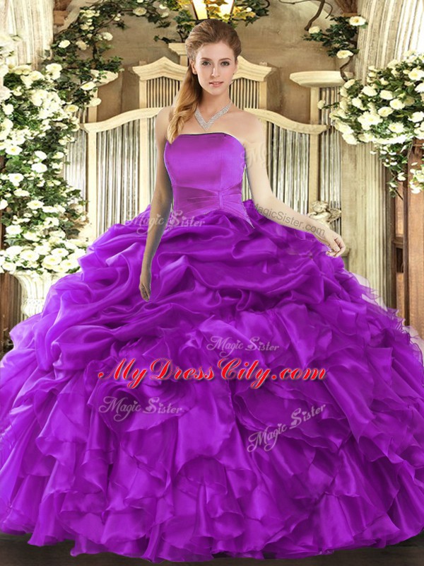 Sleeveless Organza Floor Length Lace Up Quinceanera Dresses in Purple with Ruffles and Pick Ups