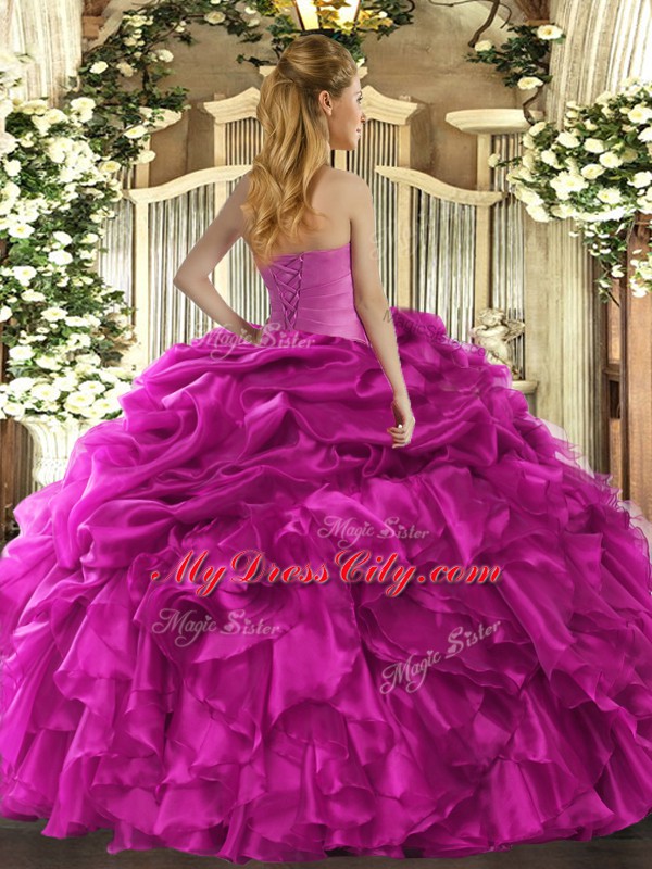 Sleeveless Organza Floor Length Lace Up Quinceanera Dresses in Purple with Ruffles and Pick Ups