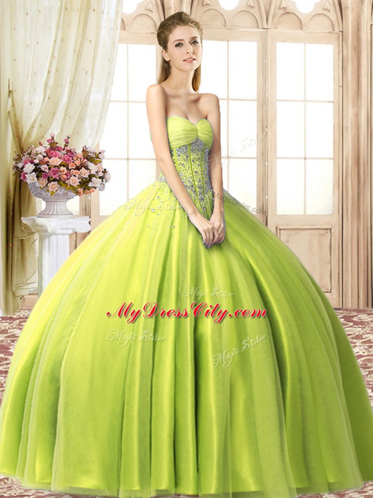 Yellow Green Tulle Lace Up 15th Birthday Dress Sleeveless Floor Length Beading