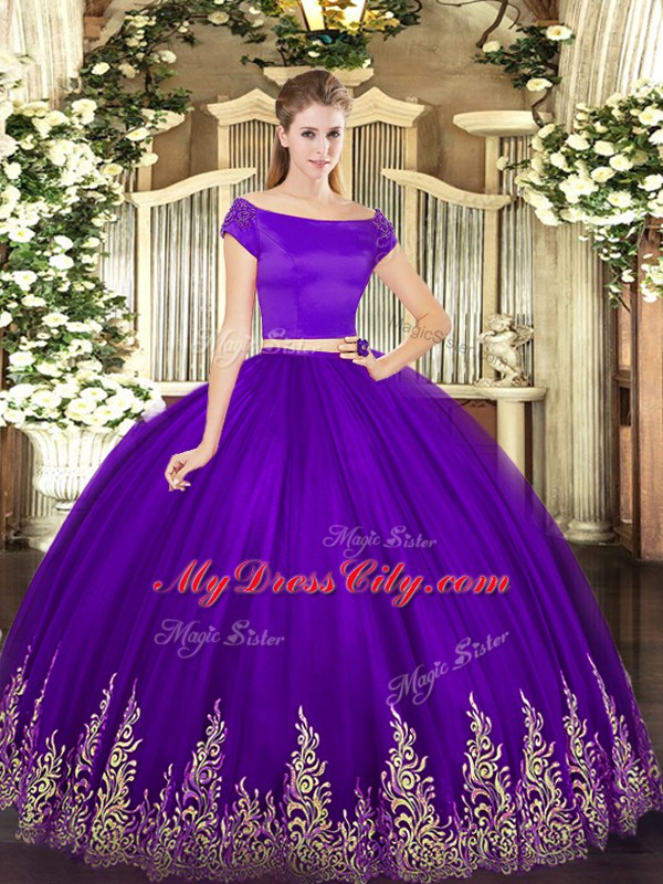 Perfect Two Pieces 15th Birthday Dress Purple Off The Shoulder Tulle Short Sleeves Floor Length Zipper