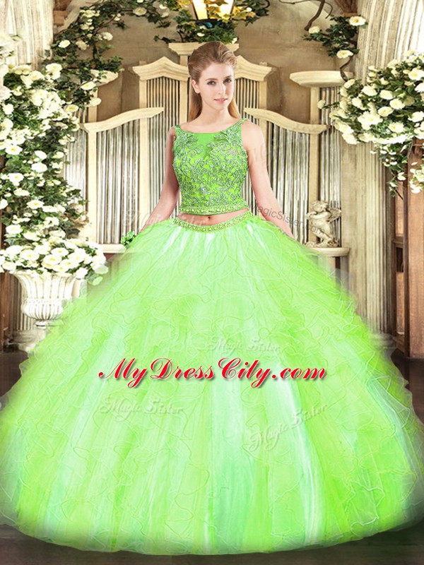 Sleeveless Tulle Floor Length Lace Up Sweet 16 Dress in Yellow Green with Beading and Ruffles