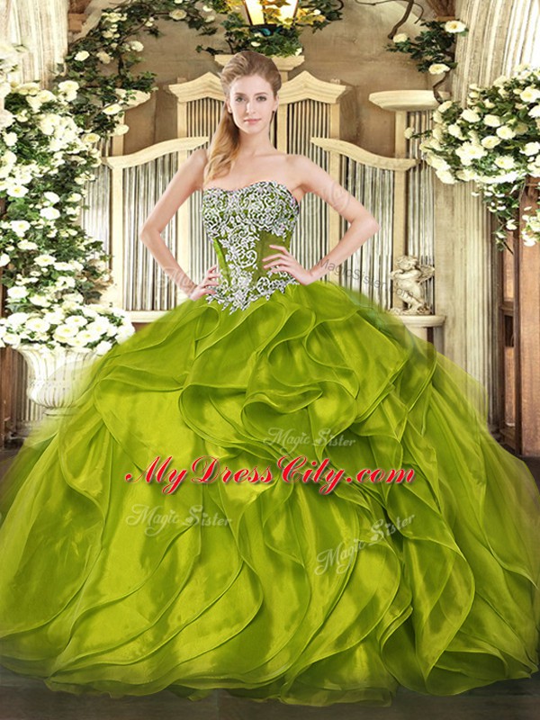 Latest Olive Green Organza Lace Up 15th Birthday Dress Sleeveless Floor Length Beading and Ruffled Layers