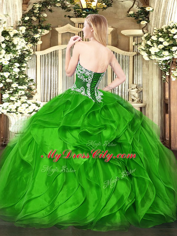 Latest Olive Green Organza Lace Up 15th Birthday Dress Sleeveless Floor Length Beading and Ruffled Layers