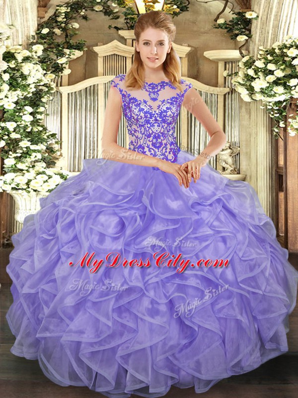 Lavender Ball Gowns Beading and Appliques and Ruffles Quinceanera Dress Lace Up Organza Cap Sleeves Floor Length