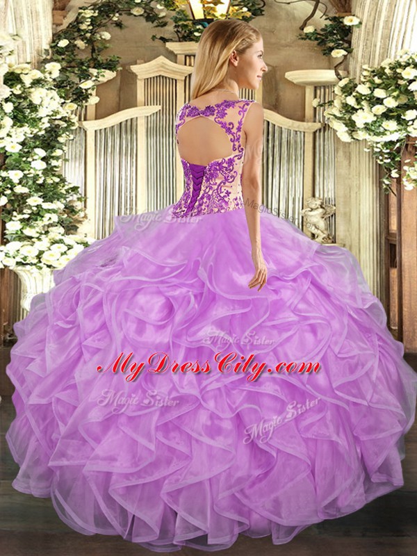 Lavender Ball Gowns Beading and Appliques and Ruffles Quinceanera Dress Lace Up Organza Cap Sleeves Floor Length