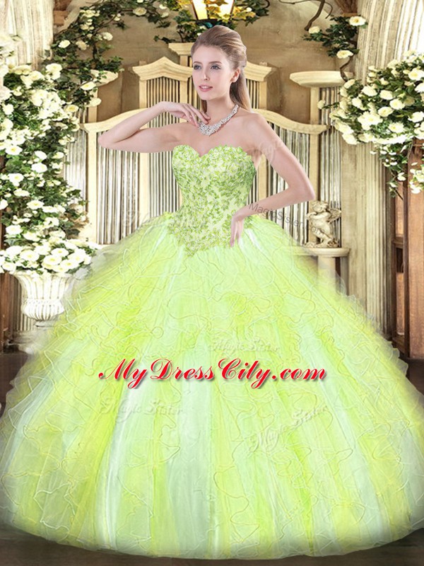 Vintage Ball Gowns Quinceanera Gown Yellow Green Sweetheart Tulle Sleeveless Floor Length Lace Up