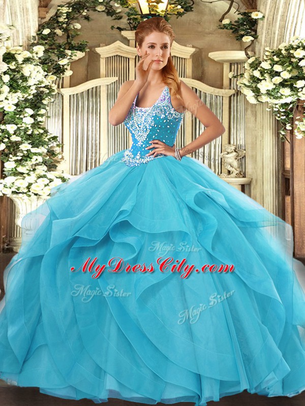 Aqua Blue Ball Gowns Straps Sleeveless Tulle Floor Length Lace Up Beading and Ruffles Sweet 16 Quinceanera Dress