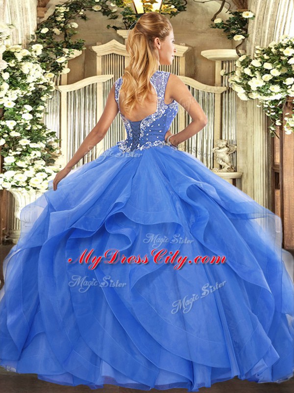 Aqua Blue Ball Gowns Straps Sleeveless Tulle Floor Length Lace Up Beading and Ruffles Sweet 16 Quinceanera Dress