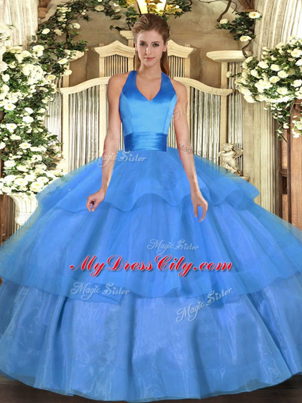 Baby Blue Sweet 16 Dresses Military Ball and Sweet 16 and Quinceanera with Ruffled Layers Halter Top Sleeveless Lace Up