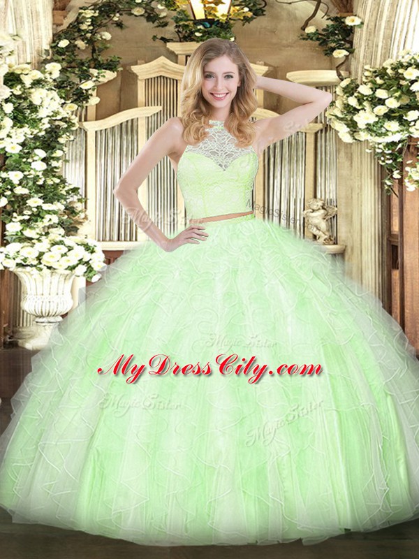 Traditional Yellow Green Sweet 16 Quinceanera Dress Military Ball and Sweet 16 and Quinceanera with Lace and Ruffles Scoop Sleeveless Zipper