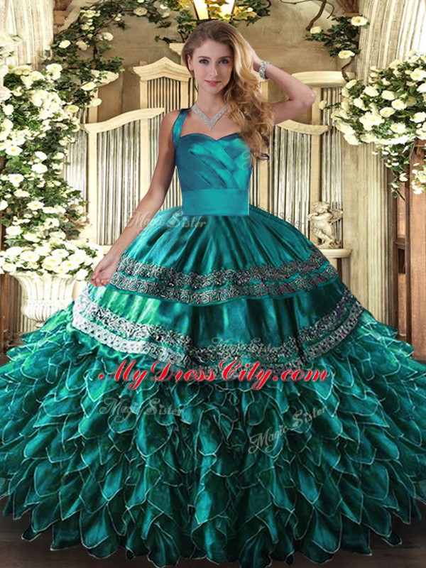 Romantic Halter Top Sleeveless 15 Quinceanera Dress Floor Length Embroidery and Ruffles Turquoise Organza