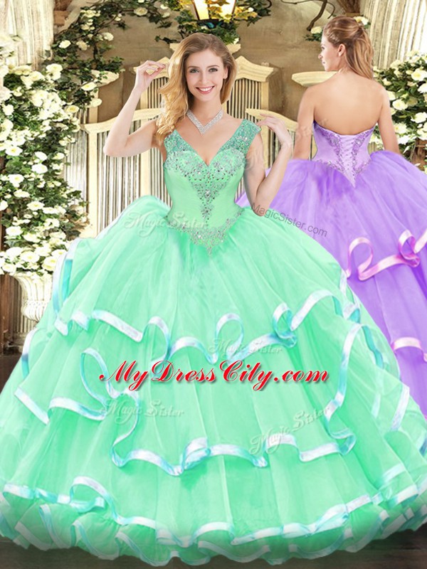 Sumptuous Apple Green Organza Lace Up V-neck Sleeveless Floor Length Vestidos de Quinceanera Beading