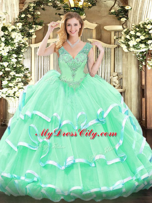 Sumptuous Apple Green Organza Lace Up V-neck Sleeveless Floor Length Vestidos de Quinceanera Beading