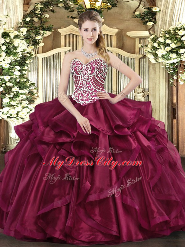 Noble Wine Red Ball Gowns Sweetheart Sleeveless Organza Floor Length Lace Up Beading and Ruffles Quinceanera Dresses