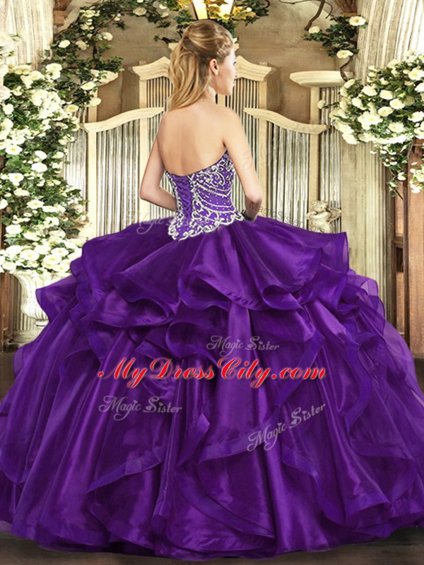 Noble Wine Red Ball Gowns Sweetheart Sleeveless Organza Floor Length Lace Up Beading and Ruffles Quinceanera Dresses