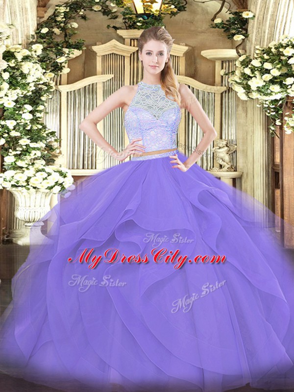 Popular Lavender Two Pieces Lace and Ruffles Ball Gown Prom Dress Zipper Tulle Sleeveless Floor Length