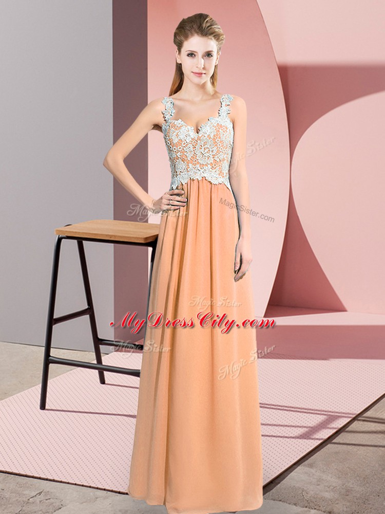 Classical Floor Length Peach Prom Party Dress V-neck Sleeveless Zipper