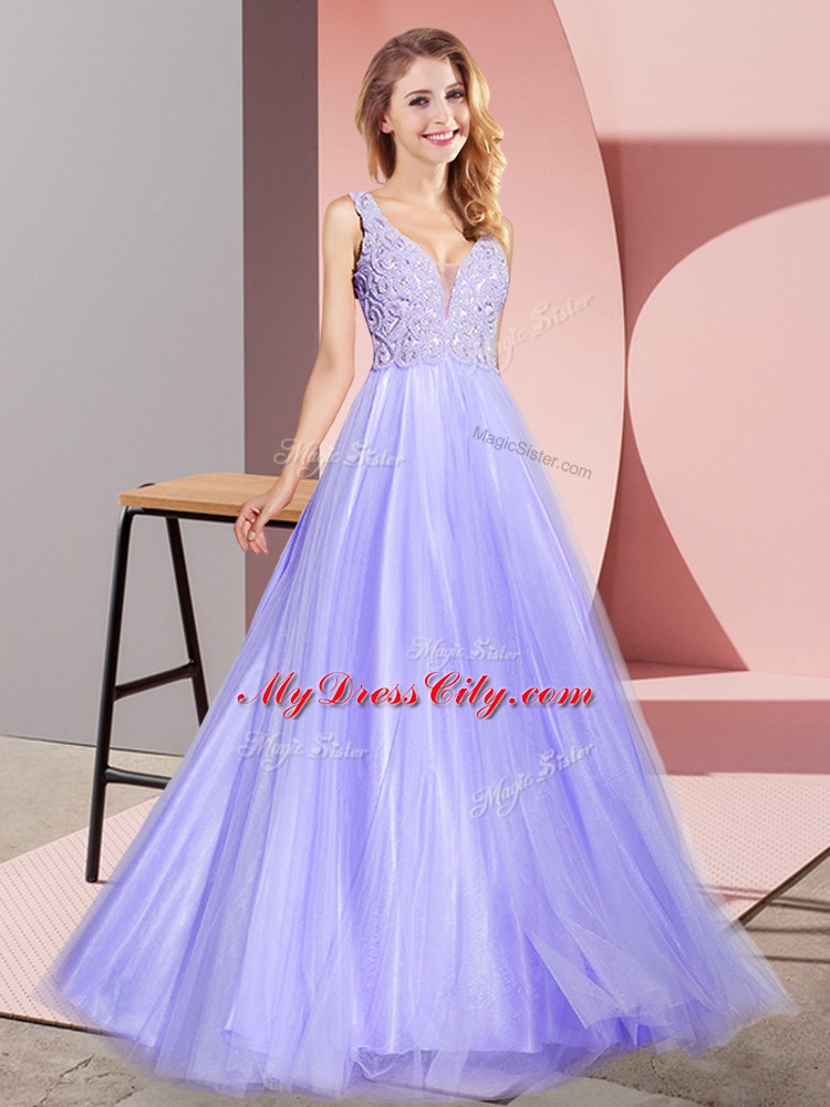 Custom Made Floor Length Lavender Prom Party Dress Tulle Sleeveless Lace