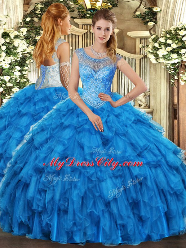 Exceptional Ball Gowns Vestidos de Quinceanera Baby Blue Scoop Organza Sleeveless Floor Length Lace Up