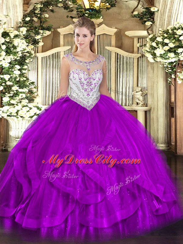 Pretty Sleeveless Floor Length Beading and Ruffles Zipper Ball Gown Prom Dress with Eggplant Purple