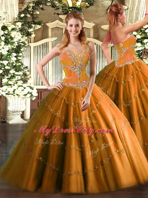 Beading Quinceanera Dress Orange Lace Up Sleeveless Floor Length