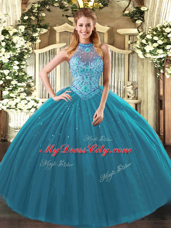 Cute Sleeveless Tulle Floor Length Lace Up Sweet 16 Dress in Teal with Beading and Embroidery