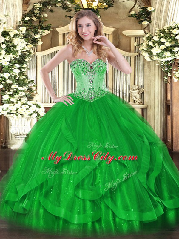 Sophisticated Sleeveless Floor Length Beading and Ruffles Lace Up Sweet 16 Quinceanera Dress with Green