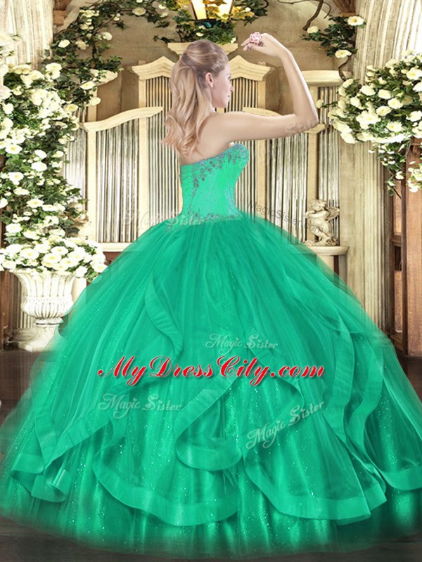 Sophisticated Sleeveless Floor Length Beading and Ruffles Lace Up Sweet 16 Quinceanera Dress with Green