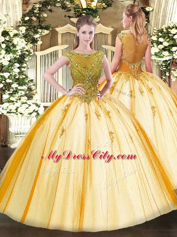 Ideal Gold Lace Up Quinceanera Dresses Beading Cap Sleeves Floor Length