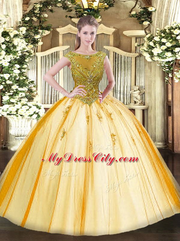 Ideal Gold Lace Up Quinceanera Dresses Beading Cap Sleeves Floor Length