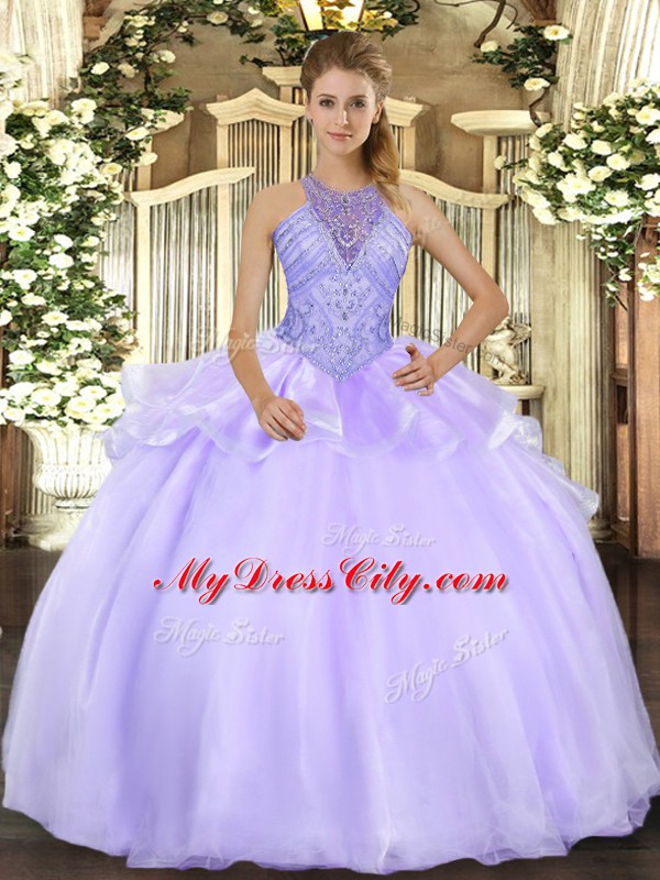 Ideal Lavender Vestidos de Quinceanera Military Ball and Sweet 16 and Quinceanera with Beading Halter Top Sleeveless Lace Up