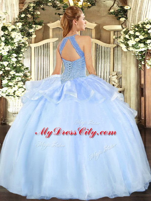 Ideal Lavender Vestidos de Quinceanera Military Ball and Sweet 16 and Quinceanera with Beading Halter Top Sleeveless Lace Up