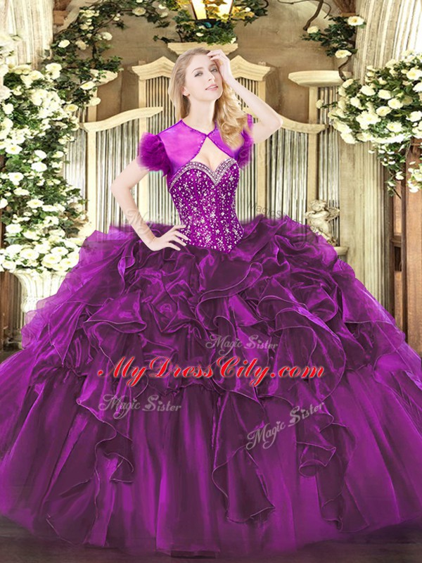 Chic Purple Ball Gowns Organza Sweetheart Sleeveless Beading and Ruffles Floor Length Lace Up Sweet 16 Dress