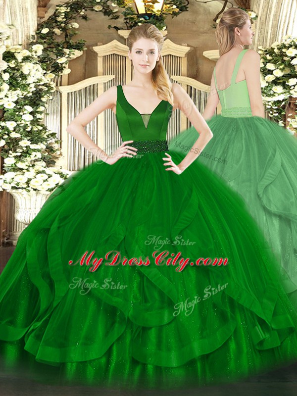 New Arrival Dark Green Zipper Vestidos de Quinceanera Beading and Ruffles Sleeveless Floor Length