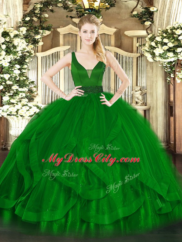 New Arrival Dark Green Zipper Vestidos de Quinceanera Beading and Ruffles Sleeveless Floor Length