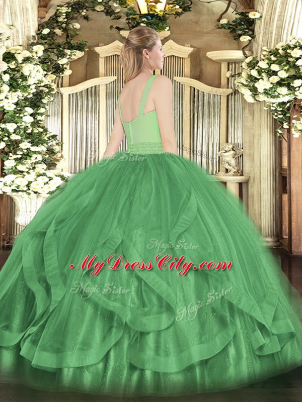 New Arrival Dark Green Zipper Vestidos de Quinceanera Beading and Ruffles Sleeveless Floor Length