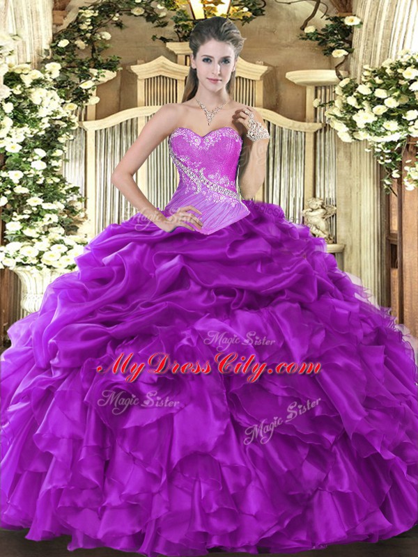 Fitting Eggplant Purple 15th Birthday Dress Military Ball and Sweet 16 and Quinceanera with Beading and Ruffles and Pick Ups Sweetheart Sleeveless Lace Up