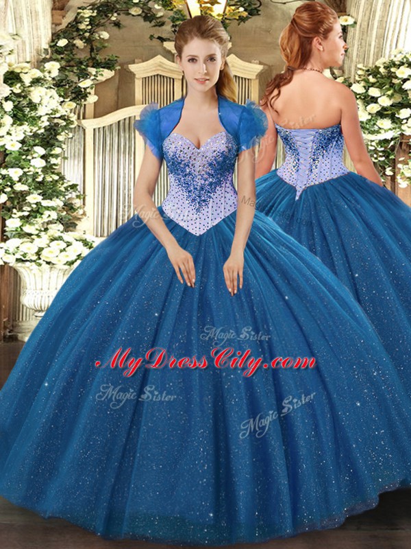 Sweetheart Sleeveless Sweet 16 Dresses Floor Length Beading and Sequins Navy Blue Tulle