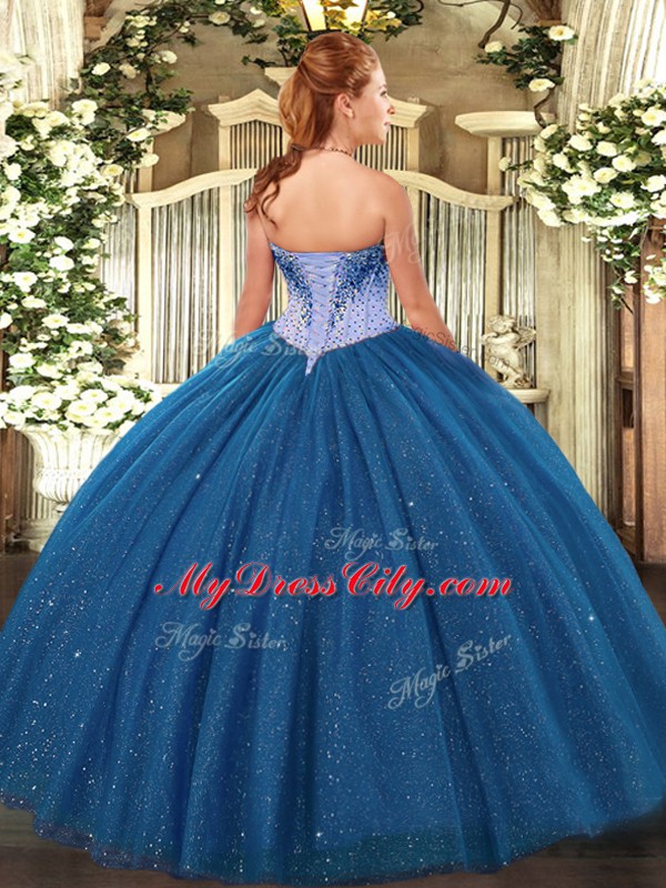 Sweetheart Sleeveless Sweet 16 Dresses Floor Length Beading and Sequins Navy Blue Tulle