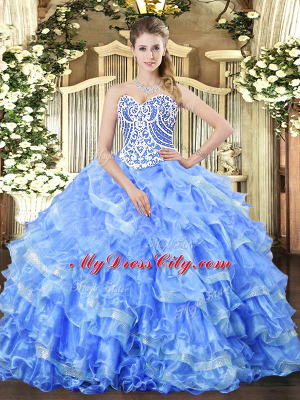 Romantic Blue Lace Up Vestidos de Quinceanera Beading and Ruffled Layers Sleeveless Floor Length