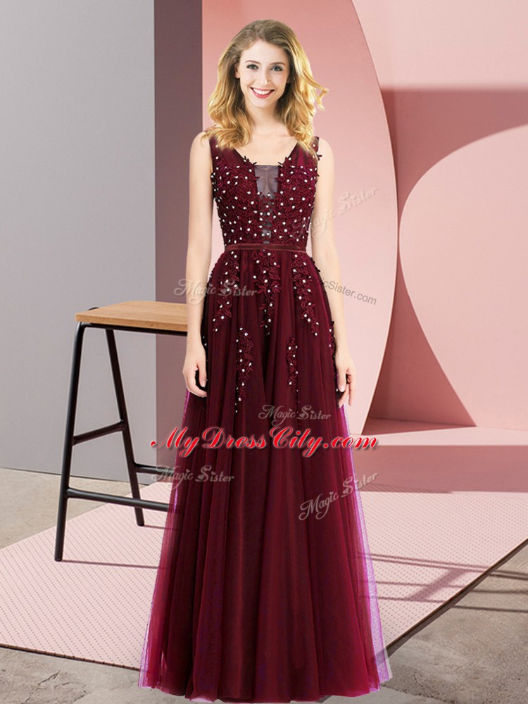 Sleeveless Floor Length Beading and Appliques Backless Prom Dress with Burgundy